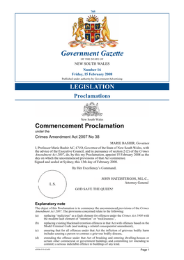 Government Gazette of the STATE of NEW SOUTH WALES Number 16 Friday, 15 February 2008 Published Under Authority by Government Advertising LEGISLATION Proclamations