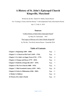 A History of St. John's Episcopal Church Kingsville, Maryland