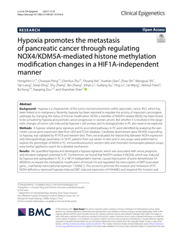 Hypoxia Promotes the Metastasis of Pancreatic Cancer Through