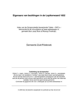 Eigenaars Van Bezittingen in De Lopikerwaard 1832 Gemeente Zuid