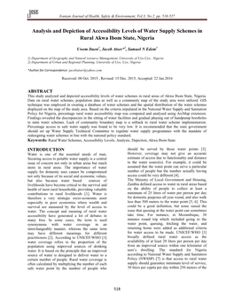 Analysis and Depiction of Accessibility Levels of Water Supply Schemes in Rural Akwa Ibom State, Nigeria