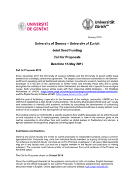 University of Zurich Joint Seed Funding Call for Proposals Deadline 15 May 2019