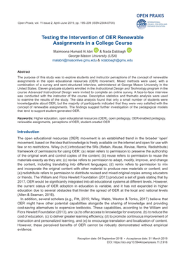 Testing the Intervention of OER Renewable Assignments in a College Course