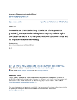 Gene Deletion Chemoselectivity: Codeletion of the Genes for P16(INK4), Methylthioadenosine Phosphorylase, and the Alpha