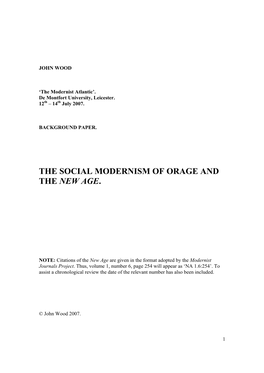 The Social Modernism of Orage and the New Age