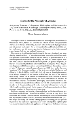 Sources for the Philosophy of Archytas
