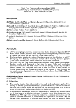 World Food Programme Emergency Report 2005 Issued Weekly by the United Nations World Food Programme Report No