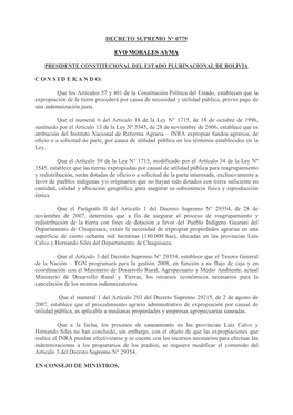 Decreto Supremo N° 0779 Evo Morales Ayma