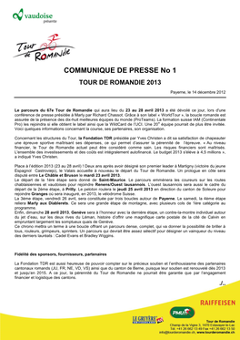 COMMUNIQUE DE PRESSE No 1 TOUR DE ROMANDIE 2013