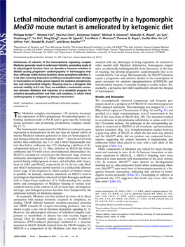 Lethal Mitochondrial Cardiomyopathy in a Hypomorphic Med30 Mouse Mutant Is Ameliorated by Ketogenic Diet