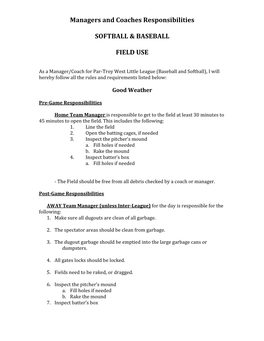 Managers and Coaches Responsibilities SOFTBALL