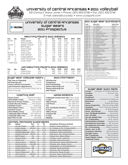 University of Central Arkansas • 2011 Volleyball SID Contact: Aaron Jones • Phone: (501) 852-0708 • Fax: (501) 450-5740 E-Mail: Aaronj@Uca.Edu •