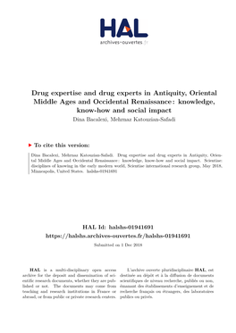 Drug Expertise and Drug Experts in Antiquity, Oriental Middle Ages And