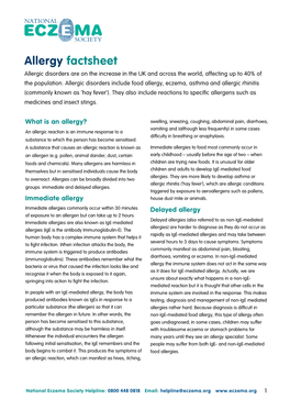 Allergy Factsheet Allergic Disorders Are on the Increase in the UK and Across the World, Affecting up to 40% of the Population