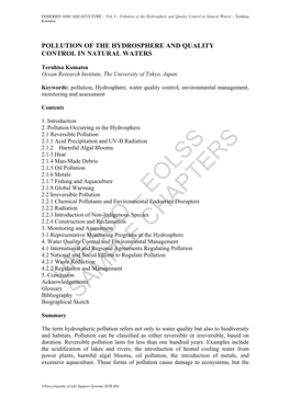 Pollution of the Hydrosphere and Quality Control in Natural Waters - Teruhisa Komatsu