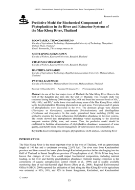 Predictive Model for Biochemical Component of Phytoplankton in the River and Estuarine Systems of the Mae Klong River, Thailand