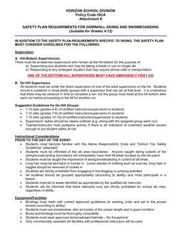 HORIZON SCHOOL DIVISION Policy Code HICA Attachment K SAFETY