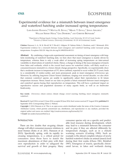 Experimental Evidence for a Mismatch Between Insect Emergence and Waterfowl Hatching Under Increased Spring Temperatures 1, 1 1 1 LARS-ANDERS HANSSON, MATTIAS K