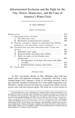 Infrastructural Exclusion and the Fight for the City: Power, Democracy, and the Case of America’S Water Crisis