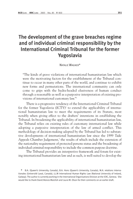 The Development of the Grave Breaches Regime and of Individual Criminal Responsibility by the International Criminal Tribunal for the Former Yugoslavia