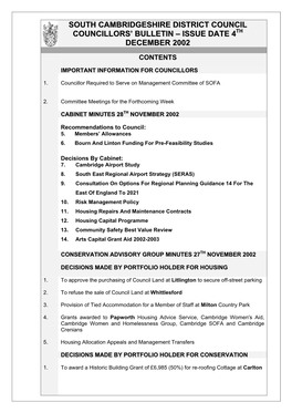 South Cambridgeshire District Council Councillors’ Bulletin – Issue Date 4Th December 2002