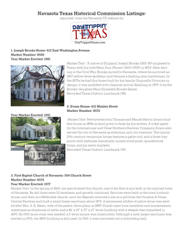 Navasota Texas Historical Commission Listings: Reprinted from the Navasota TX Website By