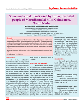 Some Medicinal Plants Used by Irular, the Tribal People of Marudhamalai