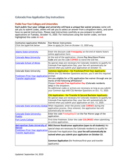 Colorado Free Application Day Instructions