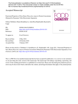 Functional Properties of Navy Bean (Phaseolus Vulgaris) Protein Concentrates Obtained by Pneumatic Tribo-Electrostatic Separation