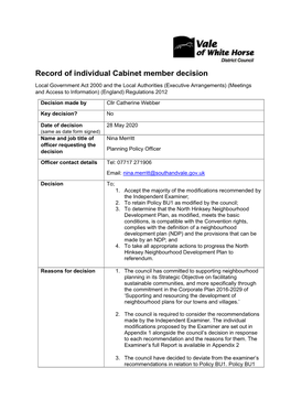 Record of Individual Cabinet Member Decision