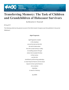 Transferring Memory: the Task of Children and Grandchildren of Holocaust Survivors