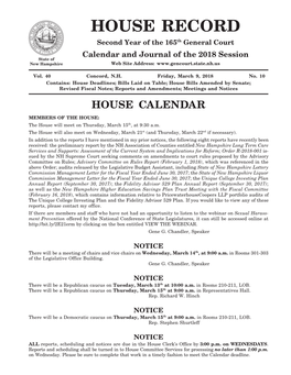 HOUSE RECORD Second Year of the 165Th General Court Calendar and Journal of the 2018 Session State of New Hampshire Web Site Address