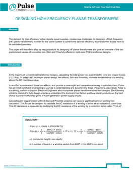 Designing High Frequency Planar Transformers