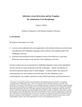 Inflection Versus Derivation and the Template for Athabaskan Verb Morphology1