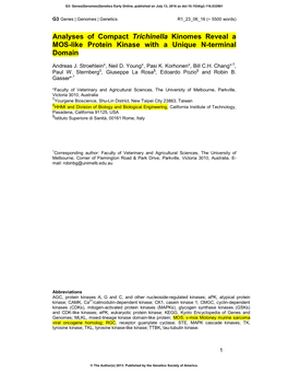 Analyses of Compact Trichinella Kinomes Reveal a MOS-Like Protein Kinase with a Unique N-Terminal Domain