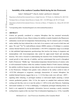 Instability of the Southern Canadian Shield During the Late Proterozoic 2 3 Kalin T