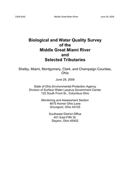 Biological and Water Quality Survey of the Middle Great Miami River and Selected Tributaries