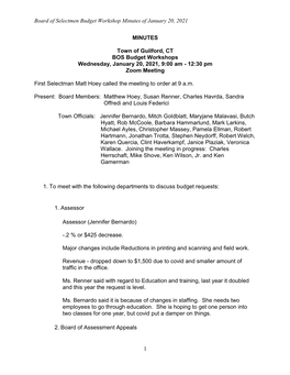 Board of Selectmen Budget Workshop Minutes of January 20, 2021 1