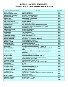 Liste Des Praticiens Generalistes Exercant a Titre Prive Dans La Wilaya De Setif