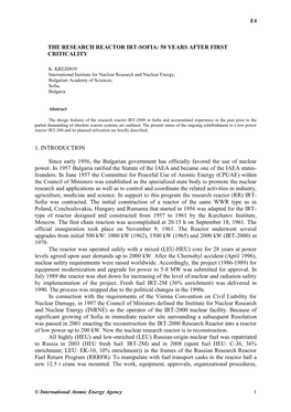 The Research Reactor Irt-Sofia: 50 Years After First Criticality