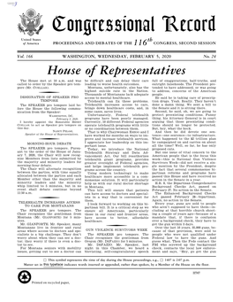 Congressional Record United States Th of America PROCEEDINGS and DEBATES of the 116 CONGRESS, SECOND SESSION