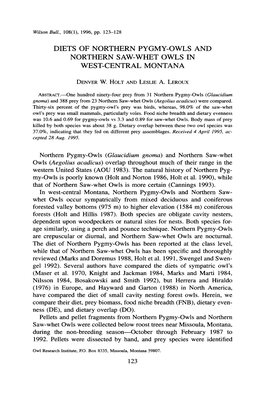 Diets of Northern Pygmy-Owls and Northern Saw-Whet Owls in West-Central Montana