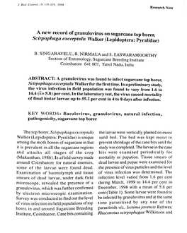 ~ New Record of Granulovirus on Sugarcane Top Borer, Sclrpophaga Excerptalis Walker (Lepidoptera: Pyralidae)