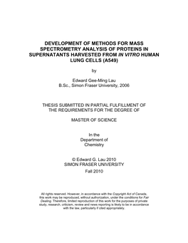 Development of Methods for Mass Spectrometry Analysis of Proteins in Supernatants Harvested from in Vitro Human Lung Cells (A549)