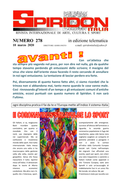 NUMERO 278 in Edizione Telematica 10 Marzo 2020 DIRETTORE: GIORS ONETO E.Mail: Spiridonitalia@Yahoo.Fr