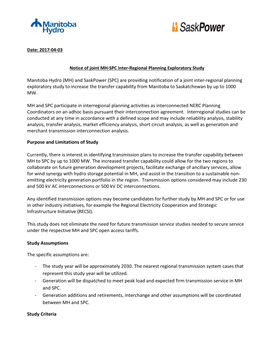 Manitoba Hydro (MH) and Saskpower (SPC) Are Providing Notification of a Joint Inter-Regional Planning Exploratory Study to Incre