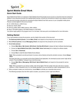 Sprint Mobile Email Work Quick Start Guide