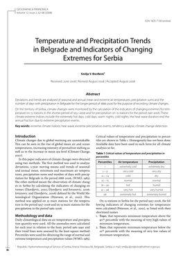 Temperature and Precipitation Trends in Belgrade and Indicators of Changing Extremes for Serbia