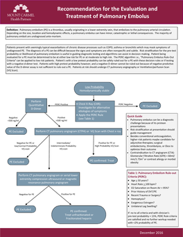 Recommendation for the Evaluation and Treatment of Pulmonary Embolus