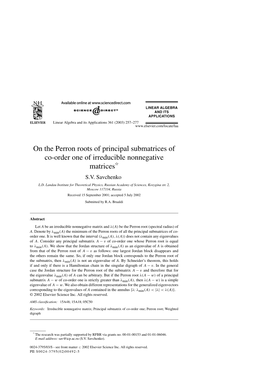 On the Perron Roots of Principal Submatrices of Co-Order One of Irreducible Nonnegative Matricesୋ S.V